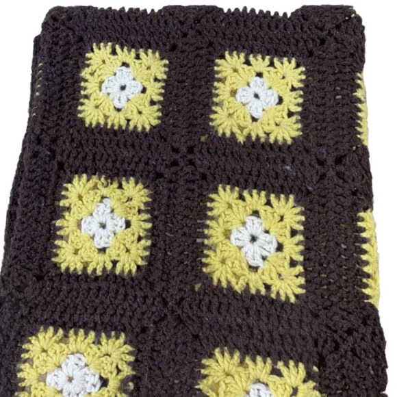 Vintage Handmade Granny Square Quilt Throw Blanket Brown Yellow Crochet Knit 70s - Picture 2 of 8